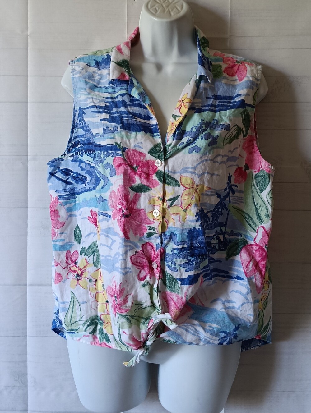 Tommy Bahama Hawaiian Tropical Button Front Linen Sleeveless Tie Hem Top